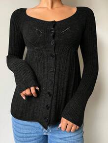 SHEIN EZwear Women's Regular Black Round Neck Front Button Long Sleeve Cardigan, Autumn/Winter,Fall,Cozy Fall And Winter Clothes For Women - Black - View 6