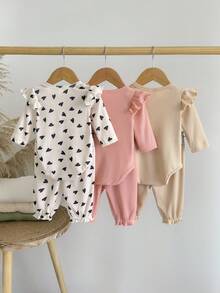 SHEIN 女婴/婴儿短袖爱心刺绣蝴蝶结连体衣裤套装，舒适可爱休闲装 - 彩色 - 查看 2