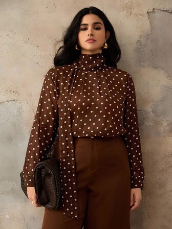 Roveilla Plus Size Coffee Brown Polka Dot Chiffon Blouse, Autumn/Winter Brown Western 70s Chocolate Brown Top