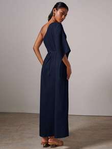 COSMINA 女士优雅金属扣不对称连衣裙 - 藍色 - 查看 2