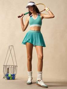 VARSIVA 女款對比色拼接短版背心與百褶迷你裙褲兩件式網球運動套裝，青色，夏季，運動休閒，健身運動服飾 - 彩色 - 查看 5