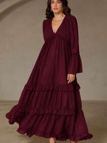 Revavyn Váy xòe xếp nếp xẻ tà tay dài xẻ tà cổ chữ V sâu bằng vải chiffon màu đỏ gạch, dáng dài, phong cách Boho, có thể đảo ngược dành cho nữ - Đỏ - Xem 6