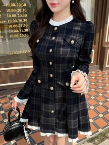 DAZY 女士优雅格子褶皱通勤连衣裙 - 藏蓝色 - 查看 4