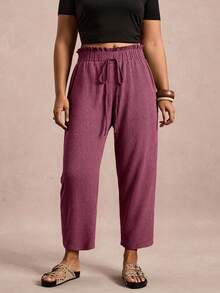 SHEIN VCAY 大码纯色打结高腰休闲裤 - 酒紅色 - 查看 5