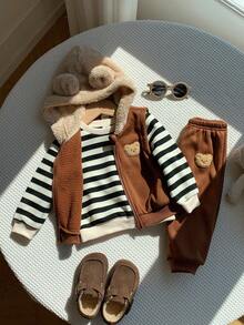 SHEIN 3 件套男童/女童秋冬可爱条纹羊毛连帽夹克，卡通图案拉链连帽夹克和裤子 3 件套运动服 - 彩色 - 查看 9