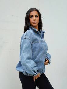 SAYEHFBABY 女士宽松休闲落肩半拉链牛仔夹克春秋