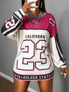 Slaydiva 2025 New Summer And Early Autumn New Casual Street Sports Style Daily Dating Music Festival Round Neck Long Sleeve Drop Shoulder Super Loose T-Shirt 23 Digital Slogan Logo Print Brown Splicing White Print Women's T-Shirt