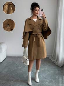 SHEIN Elenzya 女式卡其色翻领长袖双排扣蝴蝶结休闲通勤时尚斗篷式风衣夹克 - 卡其色 - 查看 3