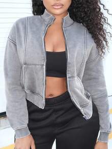 Alexandranx 水洗拉链夹克 运动衫 运动服 缝线细节 返校 秋冬 舒适 秋季 圣诞节 可爱 休闲 日常 胶囊衣橱 Y2K 街头服饰 - 深灰色 - 查看 6