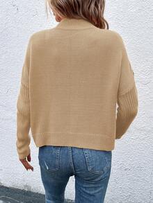 EMERY ROSE Women's Solid Color Stand Collar Dropped Shoulder Long Sleeve Asymmetric Hem Loose Pullover Sweater, Autumn/Winter - Khaki - View 2