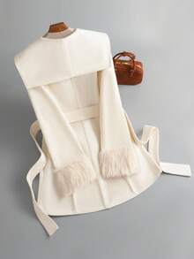 GlowEve 女士优雅长袖常规夹克，人造毛皮腰带设计，适合秋冬季 - 杏色 - 查看 2