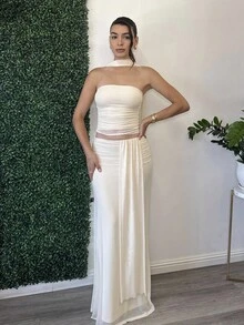 Andrea Bello 2 件套女士粉色褶皱抹胸短款上衣和低腰褶皱抽绳长裙，海滩度假装，夏季波西米亚露背连衣裙，音乐节连衣裙，伴娘 2 件套 - 杏色 - 查看 5