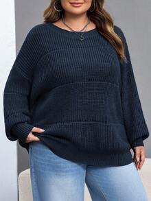 SHEIN CURVE+ Maglione in maglia a costine elasticizzato di colore unito, taglie comode, abbigliamento invernale da donna