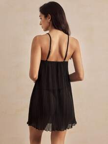 Charlaine 女士优雅法式蕾丝拼布吊带裙 - 黑色 - 查看 2