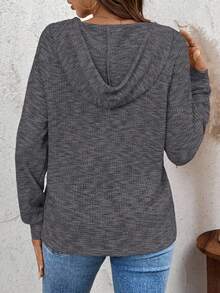SHEIN LUNE 女式纽扣连帽华夫格针织运动衫，适合所有季节秋冬女装 - 淺灰色 - 查看 2