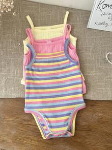 Bộ 3 món/Bộ đồ liền thân dệt kim kẻ sọc nhiều màu dễ thương cho bé gái sơ sinh, mùa hè - Nhiều màu - Xem 5