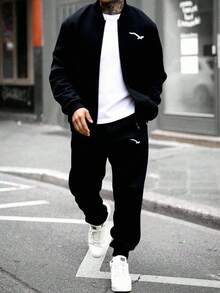 SHEIN Teen Boys Casual Street Bird Print Solid Color Versatile Comfortable Plain Long Sleeve Bomber Jacket And Long Pants Set, Suitable For Commuting, School, Casual, Holiday, Sports, Party, Fall Autumn And Winter Seasons Boys Sweatsuits Set Boy Teen 2pc Sets Tracksuit Jogging Track Suit For Teen Boys Boys Autumn Winter Casual Two Piece Set