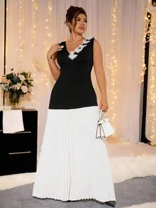 Cravure Plus Size Women Elegant V-Neck Color Block Party Dress