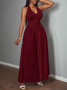 Slaydiva 优雅的V领露背连衣裙，白色，夏日假期 - 酒紅色 - 查看 7