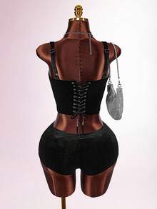 Amplova Damen sexy einfarbiges Camisole und super kurze Shorts 2 Stücke Set, Sommer - Schwarz - Übersicht 7