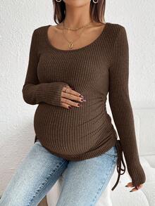 SHEIN Herbst/Winter Lässiges Umstandsmode Top mit Kordelzug und Rüschen, Stilloberteil, Schwangerschaftsshirts, Schwangerschaftskleidung, Braunes Langarmoberteil