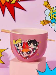 THE POWERPUFF GIRLS X SHEIN 620ml Capacity Cute Cartoon Powerpuff Girls Heart Noodle/Cereal Bowl With Chopsticks, Suitable For Instant Noodles Or Cereal,Y2K - Baby Pink - View 2