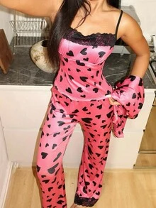 Lowkey Lull 3pcs Women's Sweet Ins Color Contrast Heart Print Lace Patchwork Pajama Set, Fall Winter Clothes - Multicolor - View 3