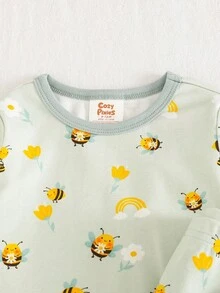 Cozy Pixies 女婴舒适睡衣套装，蜂蜜图案撞色柔软针织圆领长袖上衣和松紧腰紧身裤 - 彩色 - 查看 5