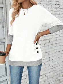 EMERY ROSE Camiseta casual de mujer con parches de color contrastante 2 en 1, camisetas gráficas de otoño para mujeres - Blanco - Ver 6