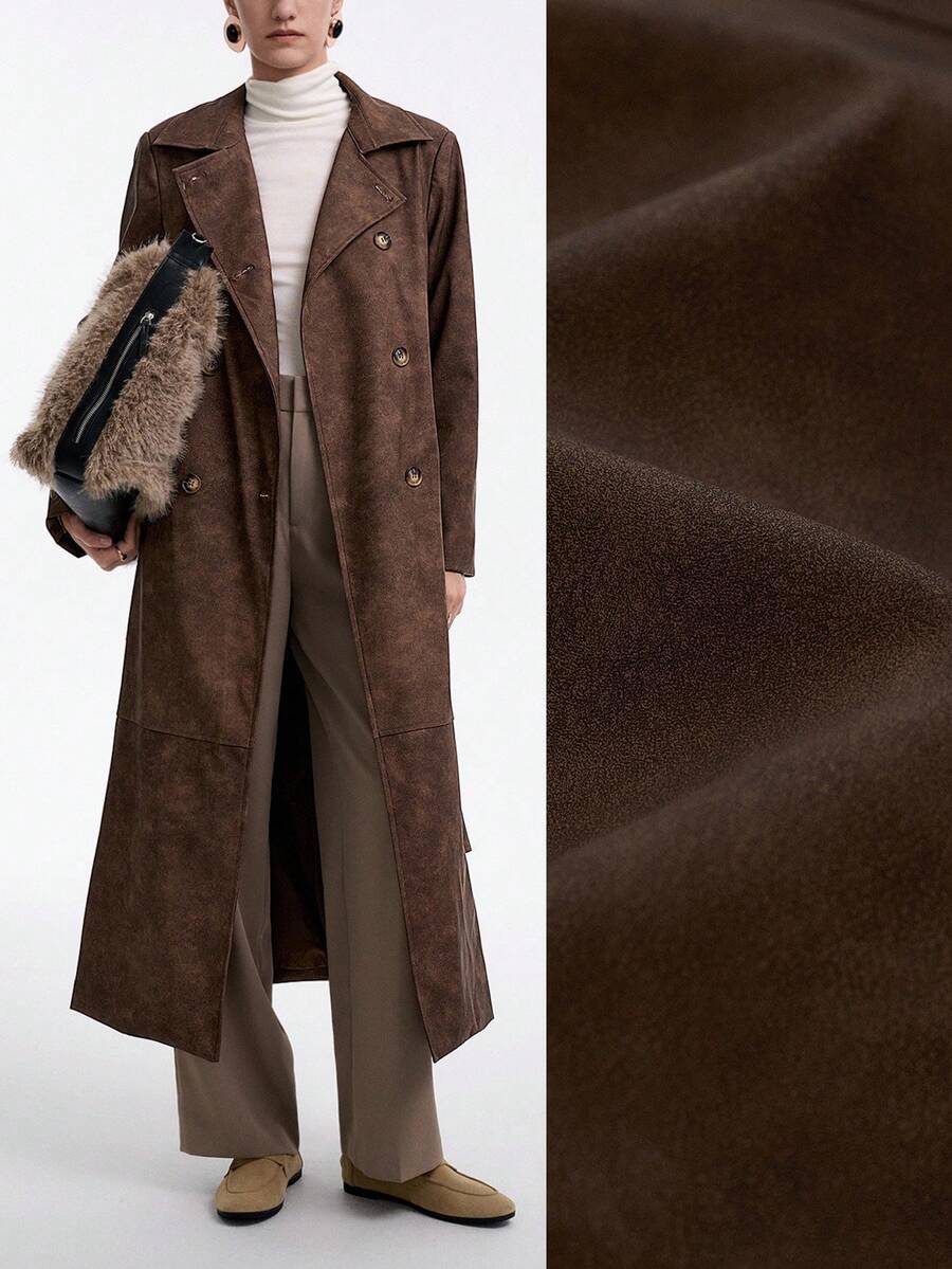 Aalyst 女士休闲仿 PU 束腰百搭日常通勤外套夹克，简约经典设计，长款，适合秋冬季 - 棕色 - 查看 1