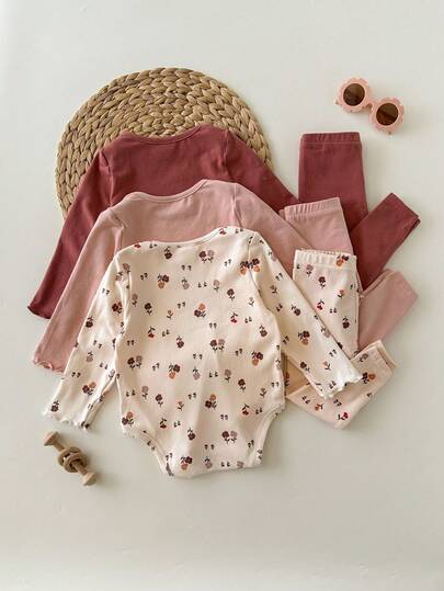 3pcs Newborn Baby Girl Cute Casual Ditsy Floral Elastic Knit Bodysuit