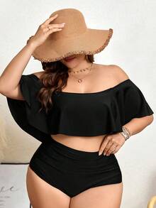 Swim Lushoire 夏季沙灘大尺碼女士假期露肩荷葉邊比基尼套裝 - 黑色 - 查看 3