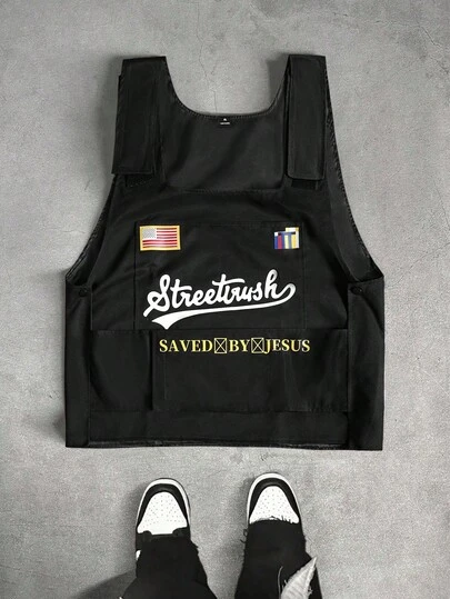 PAVTROS 男士黑色街头字母图案背心，拼接旗帜和纵横字谜印花，秋冬时尚叠穿外套，INS街头潮流，万圣节服装，男士服装，男士冬季外套，中性风，说唱歌手服装，男朋友礼物