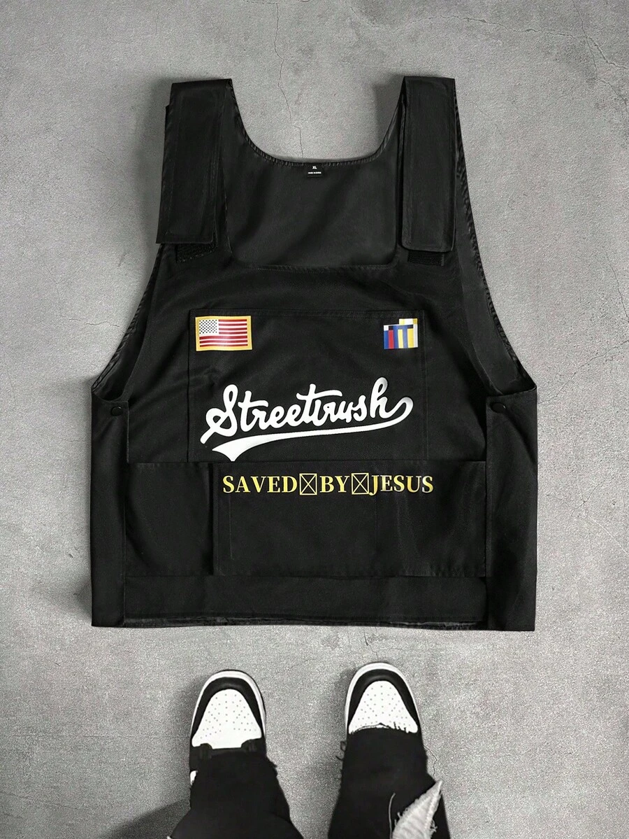 PAVTROS 男士黑色街头字母图案背心，拼接旗帜和纵横字谜印花，秋冬时尚叠穿外套，INS街头潮流，万圣节服装，男士服装，男士冬季外套，中性风，说唱歌手服装，男朋友礼物 - 黑色 - 查看 1