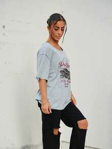 SAYEHFBABY Vintage Style Car Graphic Loose Casual T-Shirt For Women, Summer Back To School - Grey - View 5