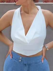 MDEdit Blusa de mujer de unicolor y cuello de vaquero sexy y de moda