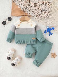 SHEIN Newborn Leisure Versatile Fashionable Cute Sweater Set, Half Cardigan Top + Sweater, Pants, Knitted Knitted Suit Fall Winter - Green - View 4
