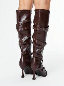 ROMWE Grunge Punk 尖头高筒细跟过膝靴，女式性感女士骑士靴，黑色秋季靴子 - 棕色 - 查看 5