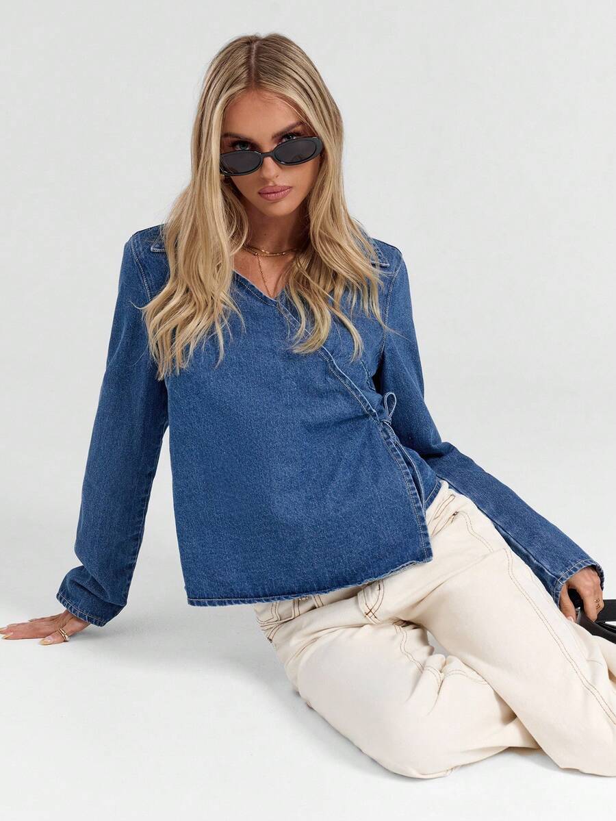 Avantive Aqua Blue,Autumn,Casual,Everyday Women's Cowgirl Denim Top,Turndown Collar Long Sleeve Wrap Tie Blue Washed Denim Blouse,Elegant Chic Vintage Shirt - Blue - View 1