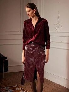 Uhlyne Uhlyne 1 Set Women's Elegant Burgundy Velvet Long Sleeve Shirt And Crocodile PU Leather Split Skirt,Luxury Autumn Night Out Maroon Outfits Casual Clothes - Burgundy - View 5