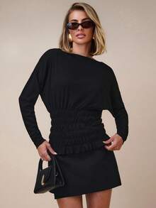 COSMINA Áo thun nữ tay dài cổ thuyền cánh dơi xếp ly thời trang màu trơn - màu đen - Xem 1