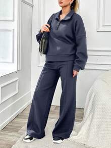 EURMUSE 100% reine Baumwolle dicker Half-Zip Sweatshirt mit Drop-Shoulder und Jogginghose Große Größen Set - Blau - Übersicht 3