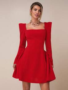 COSMINA Đầm ngắn tay dài cổ vuông tay áo blazer thanh lịch dành cho nữ, đa năng cho tiệc tùng, sinh nhật, nghỉ mát, đi làm vào đầu thu - Đỏ - Xem 3