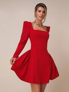 COSMINA Đầm ngắn tay dài cổ vuông tay áo blazer thanh lịch dành cho nữ, đa năng cho tiệc tùng, sinh nhật, nghỉ mát, đi làm vào đầu thu - Đỏ - Xem 4