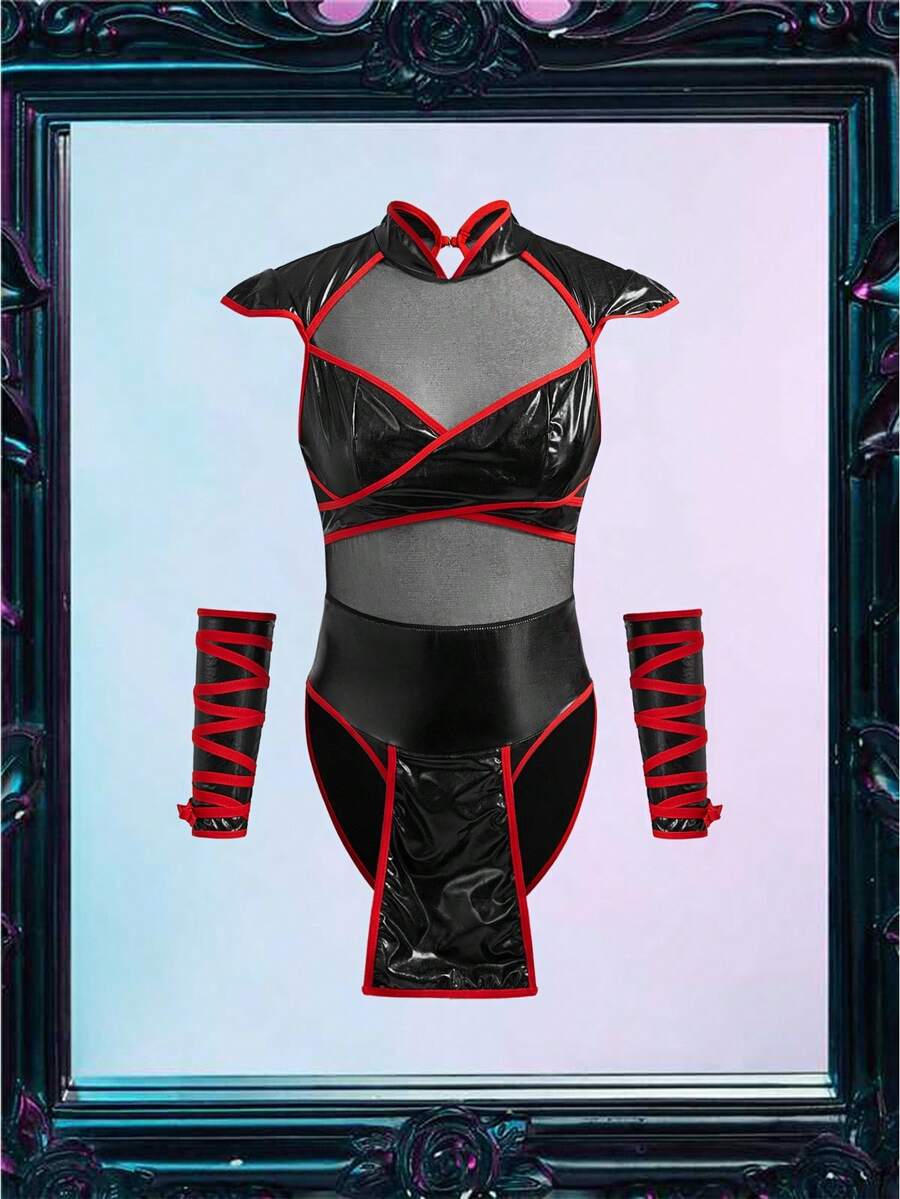 Fantasy Costume Fantasy Costume Women's PU Leather Costume Jumpsuit (Includes 2 Pairs Of Gloves, 2 Wrist Straps) - Black - View 1