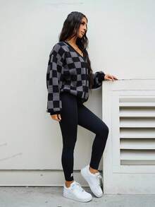 SAYEHFBABY Checkerboard Pattern Casual Cardigan Sweater For Women,Long Sleeve Tops,Fall Clothes - Black - View 6
