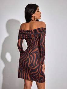 INAWLY Women's Off-Shoulder Long Sleeve Zebra Print Ruched Fitted Stylish Mini Dress - Multicolor - View 2