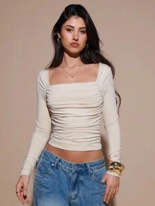 SHEIN BAE 杏色純色高領長袖抓皺優雅上衣女款，秋冬長袖打底上衣 - 杏色 - 查看 3