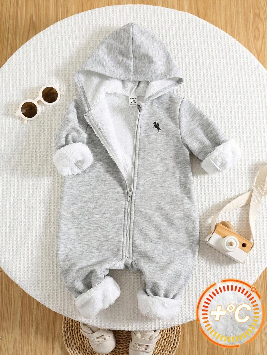 SHEIN 男婴/女婴拉绒加厚插肩袖动物印花宽松连帽拉链连体衣，适合冬季 - 淺灰色 - 查看 1