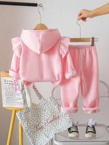 Young Girl Rabbit Print Hooded Jacket And Pants Set - Pink - View 2